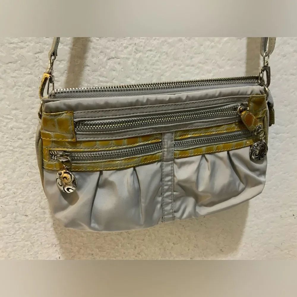 Vintage Brighton gray nylon patent leather croc print accents back silver trim